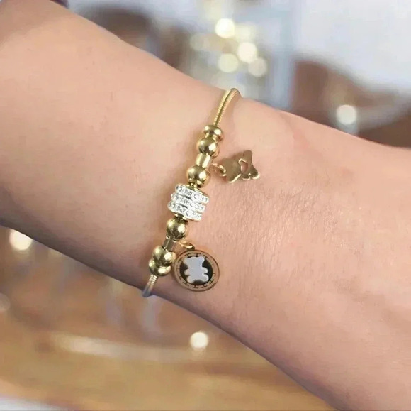 🆕️18K Gold Plated Bear Charm Bracelet with Sparkling Rhinestones & Beads 💫🐻 - Picture 4 of 12